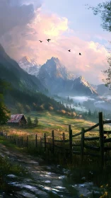 Mountain valley path with wooden fence and distant peaks.