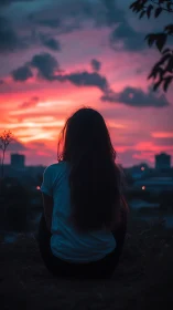 Solitary silhouette watching neon pink urban sunset glow.