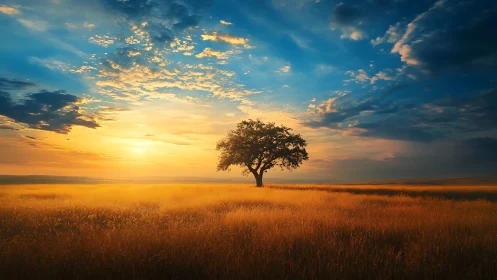 Solitary tree in golden wheat field under dramatic sunrise sky