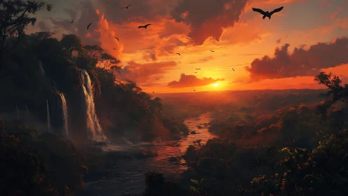 Cinematic tropical canyon river and waterfalls at sunset glow