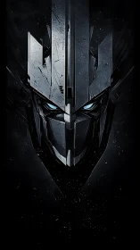 Angular mech helm with luminous eyes in deep negative space.