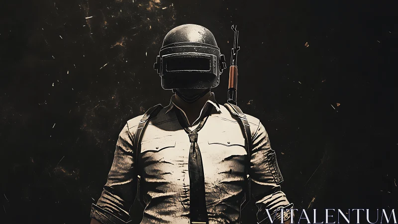 Stoic helmeted warrior stands ready in dramatic darkness