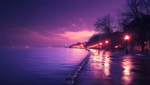 Twilight waterfront promenade in saturated purple tonality.