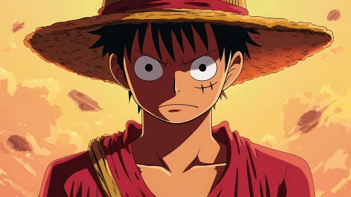 Anime pirate portrait under warm backlit sunset sky