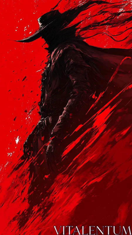 Silhouetted gunfighter dissolves into dynamic red paint streaks