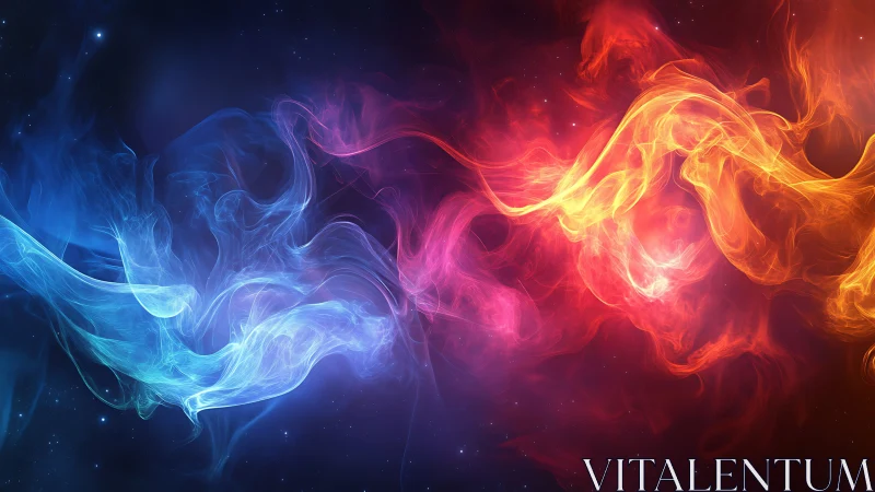 Glowing neon smoke flows clash between cold blue and hot orange fire.