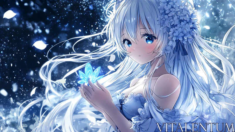 Starlit snow maiden gently cradles a glowing ice flower