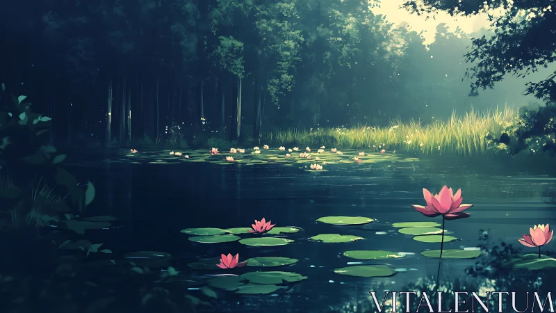 Nocturnal lotus wetland with atmospheric depth rendering.