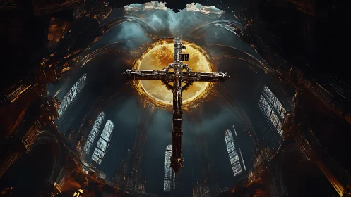 Golden moonlit cathedral cross glowing in quiet reverence.
