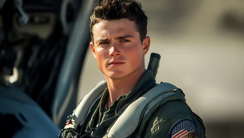 Young military pilot portrait in flight gear outdoors.