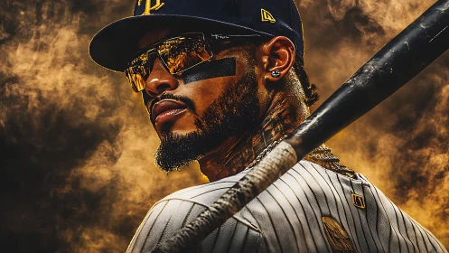 Smoldering baseball slugger strides through cinematic smoke storm.