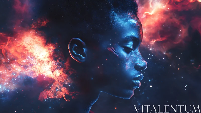 Cosmic dreamer&rsquo;s calm face rests within glowing nebula light