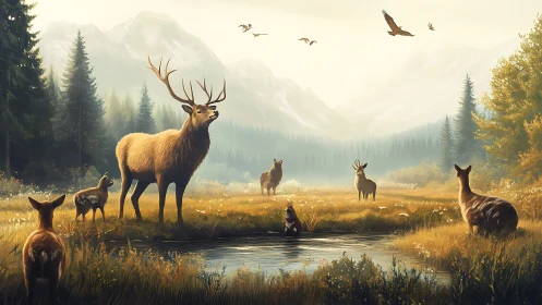 Velvet antlers and mountain hush over a golden valley chorus.