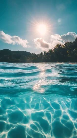 Sunlit tropical lagoon with shimmering turquoise water reflections.