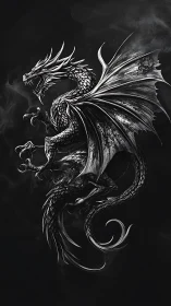 Monochrome winged dragon rendered in high contrast detail.