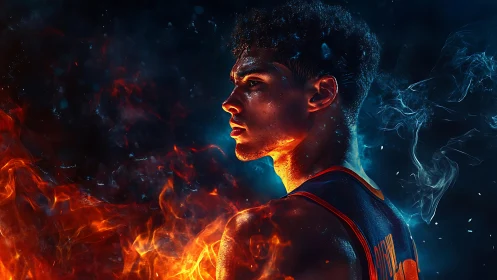 Intense basketball player portrait in flames and smoke.
