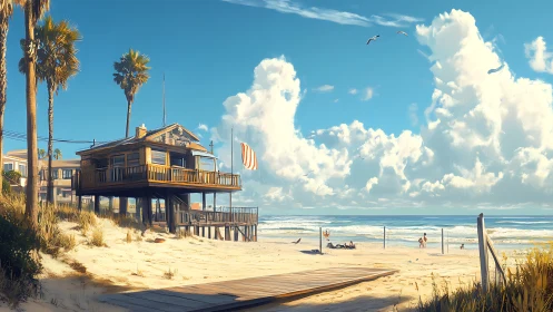 Elevated Coastal Residence with Palm Tree Vernacular.