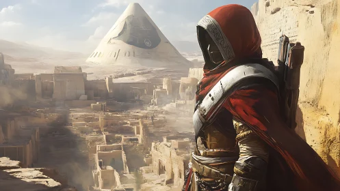 Hooded armored figure surveys desert ruins and conical monolith