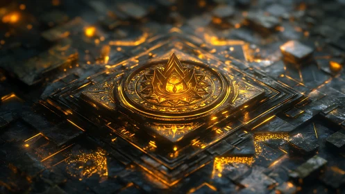 Central metallic emblem rests on illuminated geometric platform