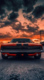 Sunset-lit muscle car growls softly beneath stormy clouds