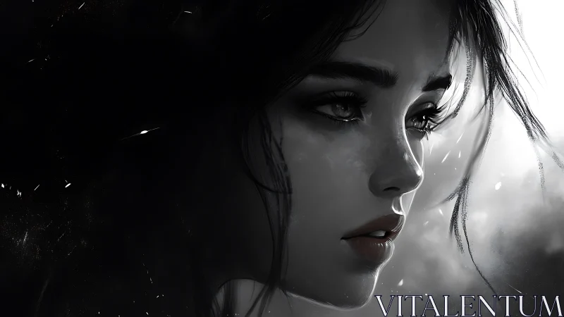 Monochrome digital portrait isolates a pensive female profile