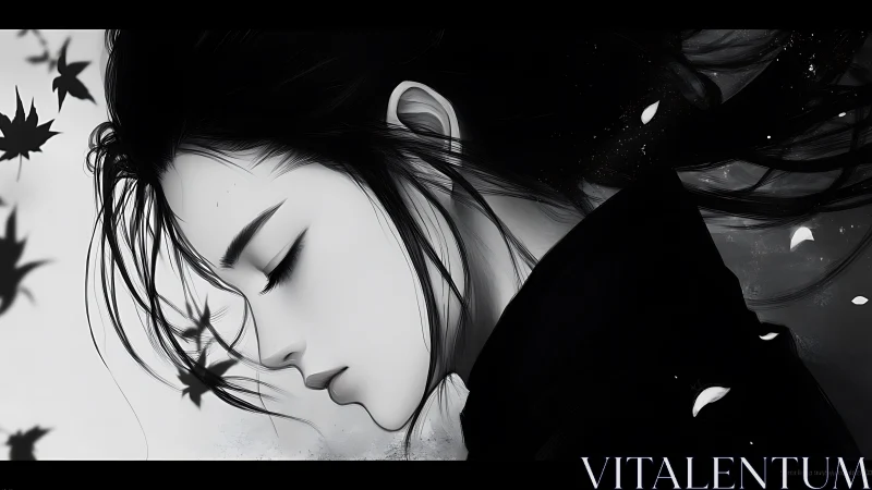 Silent monochrome muse drifting through falling petals.