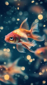 Bokeh illuminated goldfish with translucent fins in motion.