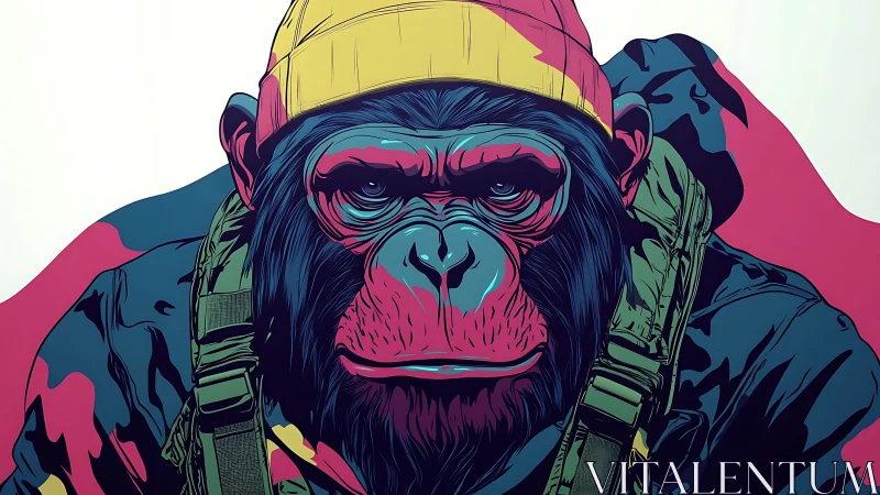 Vector-rendered tactical chimp portrait with neon camo palette.