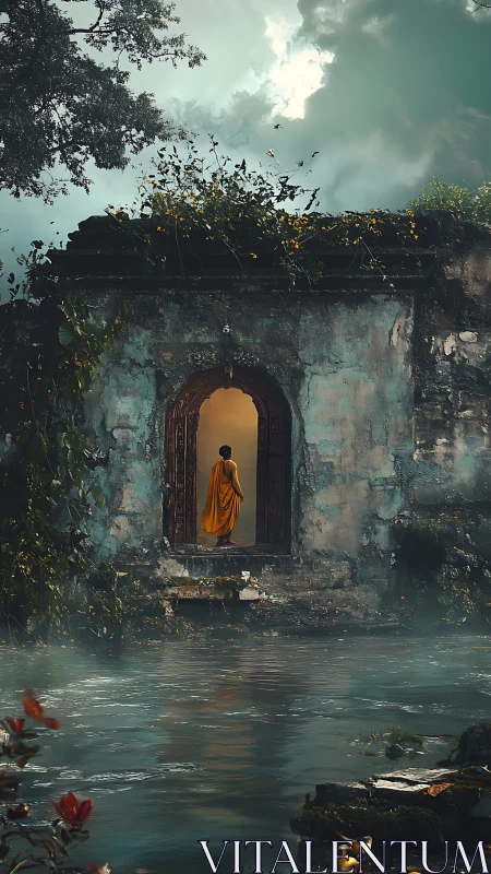 Monk in saffron robes steps into a softly glowing doorway.