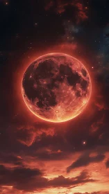Luminous crimson moon in turbulent ionized nebular atmosphere.