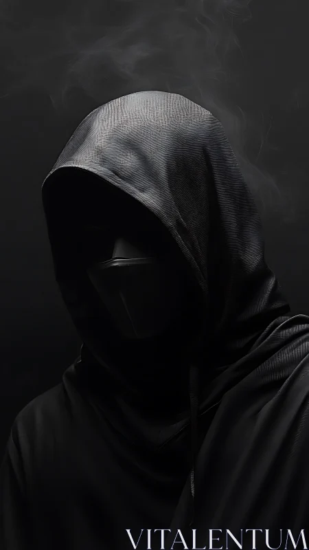 Hooded figure with matte mask rendered in low-key volumetric light
