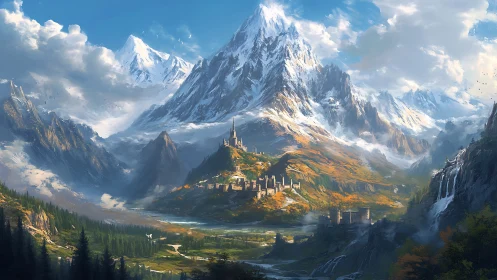 Mountain valley fortress settlement in detailed fantasy landscape.