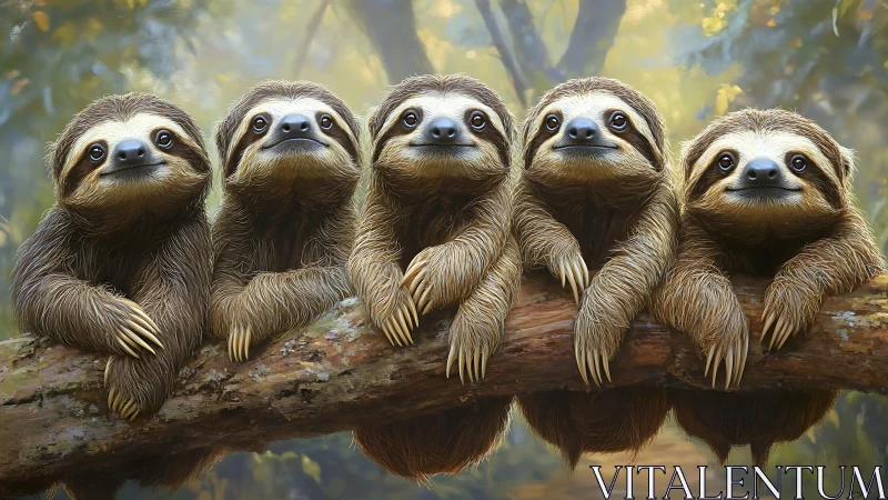 Five baby sloths lined on mossy branch in soft forest light.