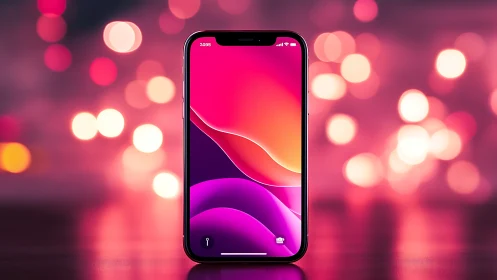 Smartphone display with gradient wallpaper against bokeh background