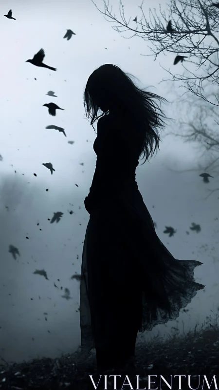 Silhouetted woman stands in wind as birds circle in fog