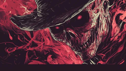 Skull figure in hat rendered in high contrast red tones