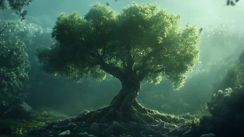 Majestic ancient tree in mystical forest, dreamy green lighting.