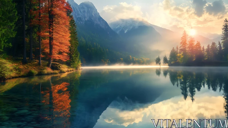 Autumn forest and mountains mirrored on calm lake surface.