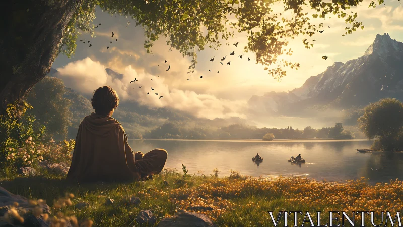 Serene lakeside meditation scene with sunset and mountains in soft light.