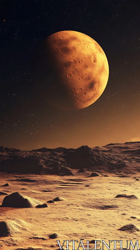 Half-lit cratered planet dominates a desolate orange horizon
