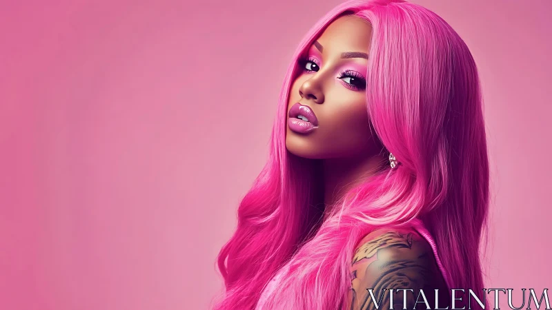 Neon pink-haired woman with tattoo in high-key studio portrait