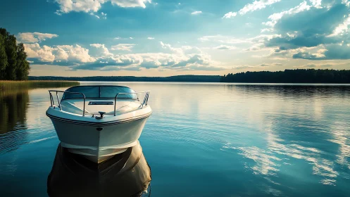 Speedboat rests on a tranquil lake beneath glowing clouds