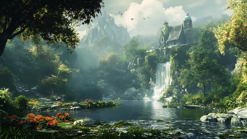 Secluded forest waterfall and cottage in soft morning light.