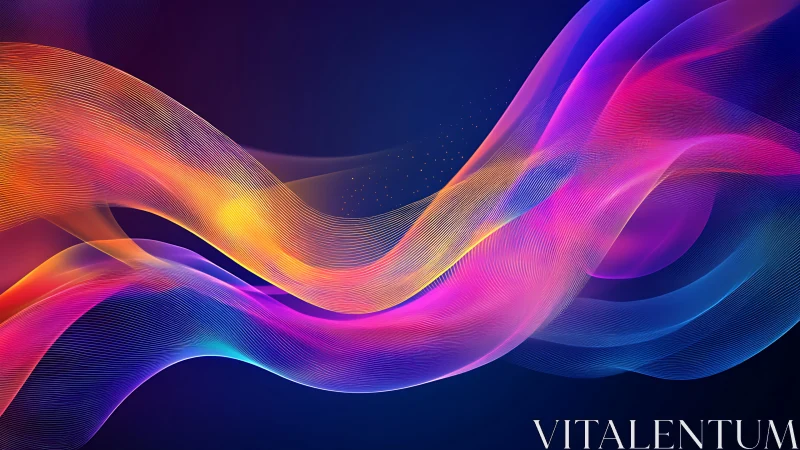 Vibrant neon light waves flow across deep blue background