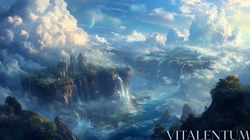 Floating Columnar Plateaus with Cascading Waterfalls. Epic Fantasy Landscape.