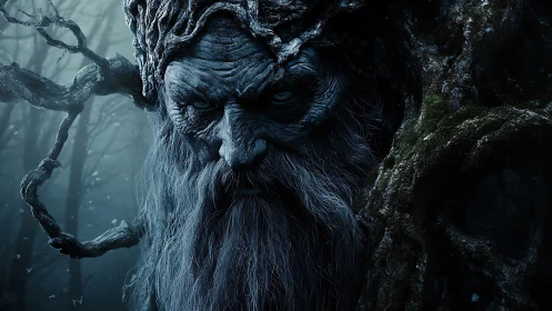Ancient forest guardian face entwined with gnarled tree roots