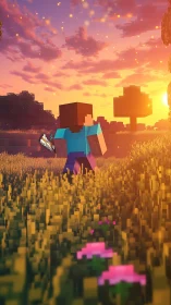 Pixelated adventurer walking into radiant voxel sunset.