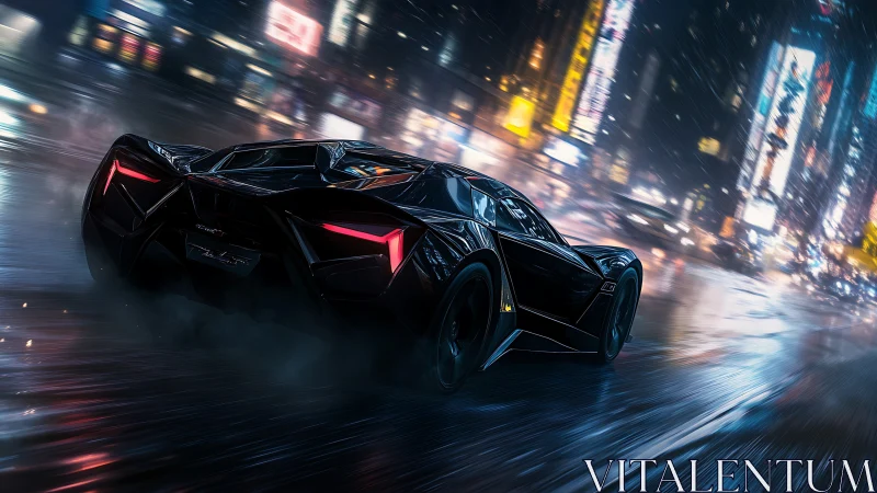 Midnight hypercar streaks through neon drenched city rainscape.