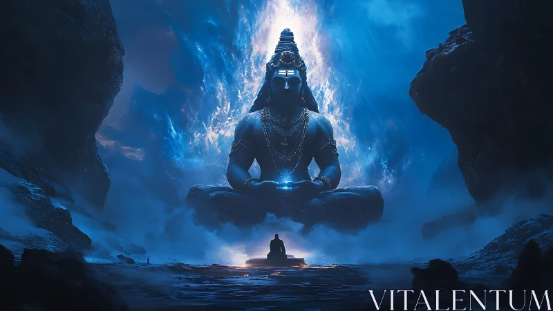 Colossal meditating deity hovers above lone seated figure