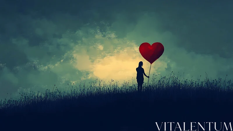 Silhouetted figure holding red heart balloon in field
